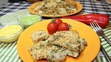 Рецепт - Филе рыбы в ореховой панировке с гороховым и кукурузным пюре