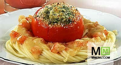 Спагетти с помидорами под сырным соусом