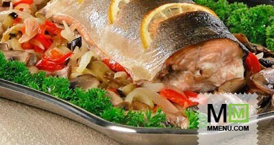 Рыба с грибами на овощной подушке Рыба с грибами на овощной подушке